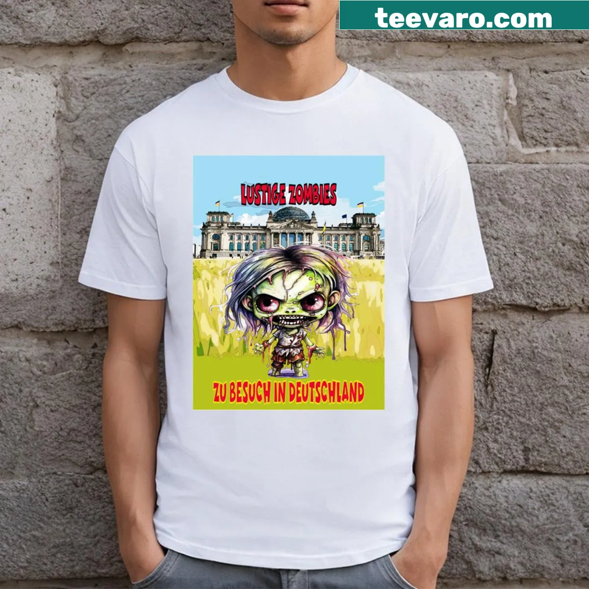 Cartoon zombie design on T-shirt, depicting humorous antics in Germany. — on a men's t-shirt