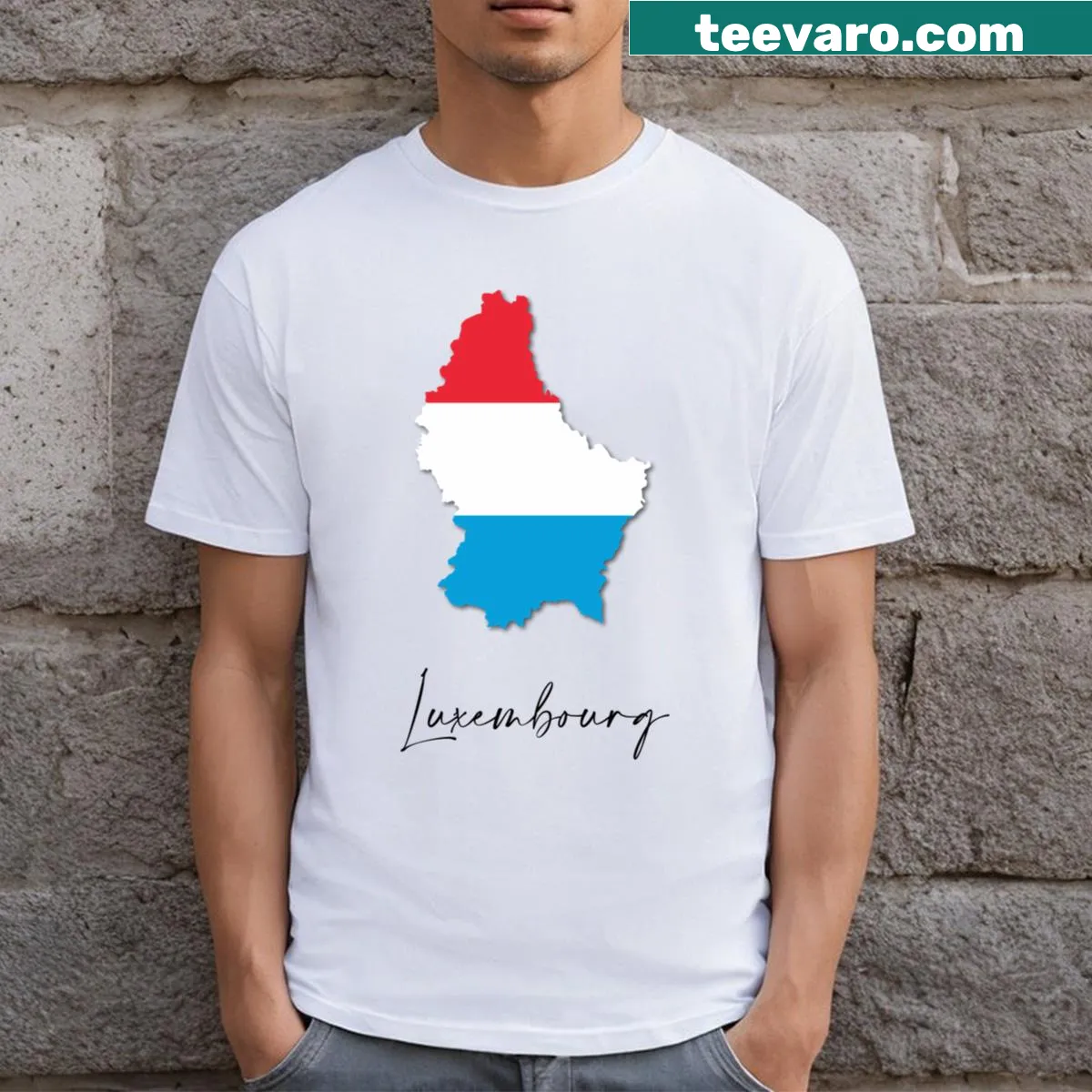 Illustrative t-shirt with Luxembourg map and flag — on a men's t-shirt