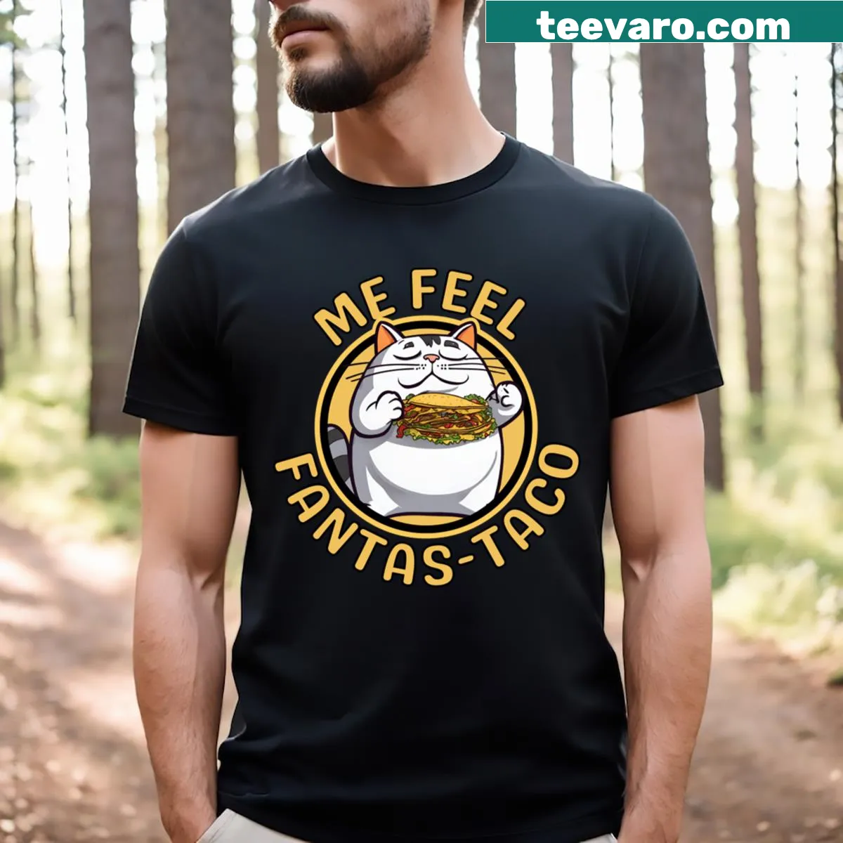 Funny cat t-shirt with 'Me Feel Fantastaco' text — on a men's t-shirt