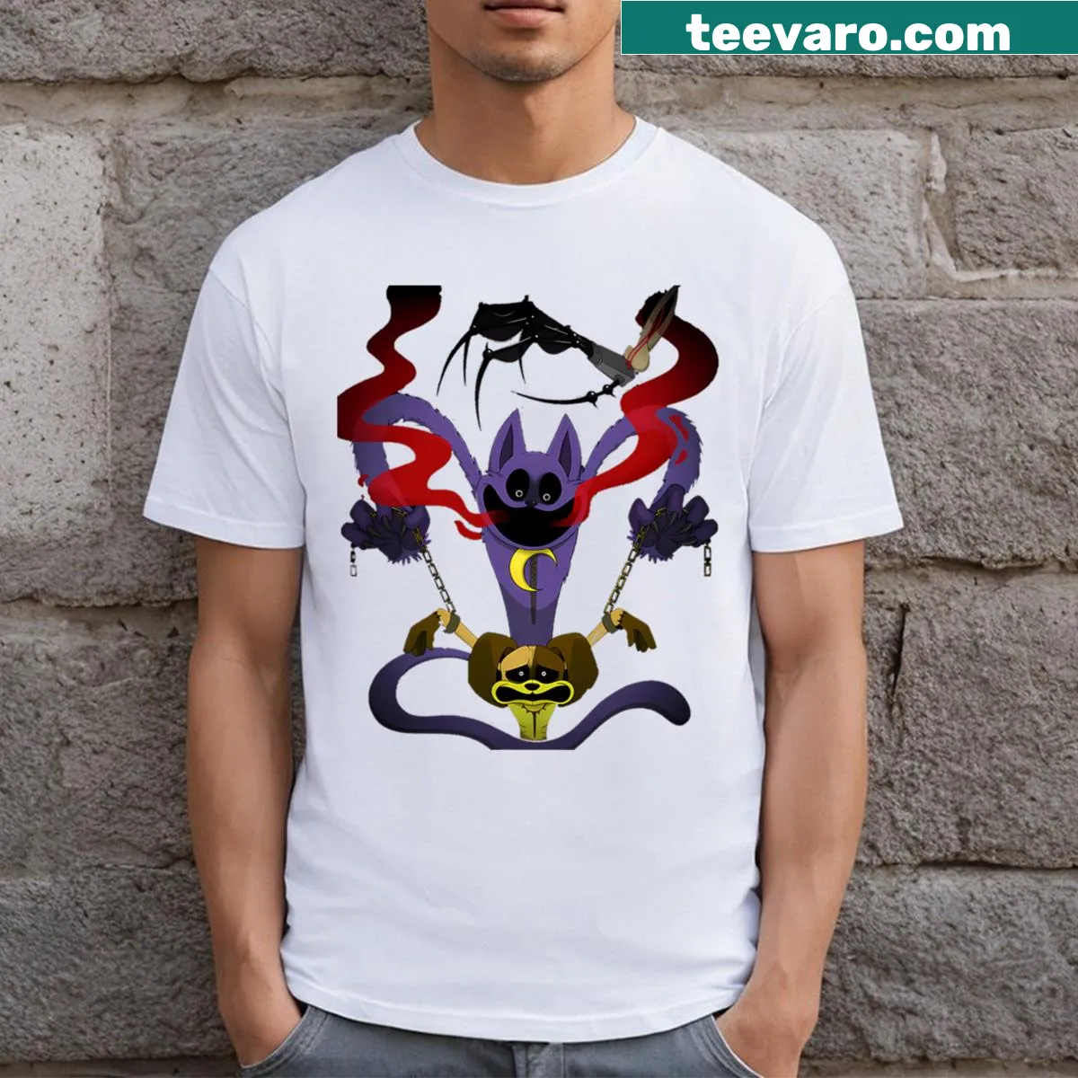 Illustrated t-shirt of catnap and playful dogs — on a men's t-shirt