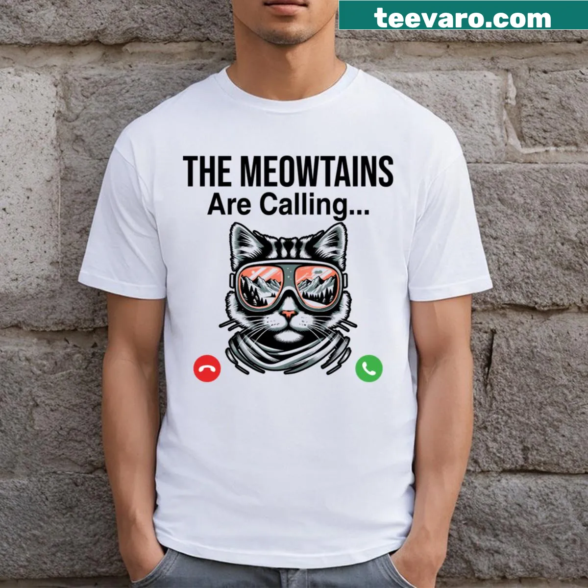 Ski-themed t-shirt with a cat in the mountains design — on a men's t-shirt