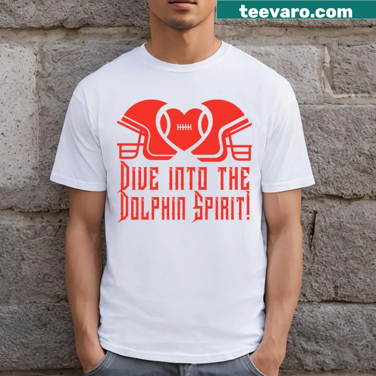 Miami Dolphins graphic T-shirt featuring a playful dive design — on a men's t-shirt