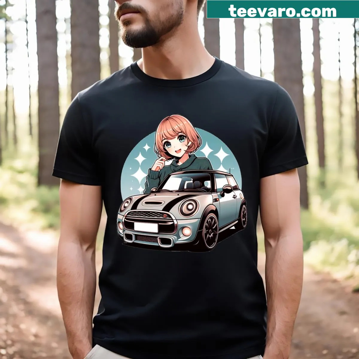 Cute anime girl and mini car graphic T-shirt for kids — on a men's t-shirt