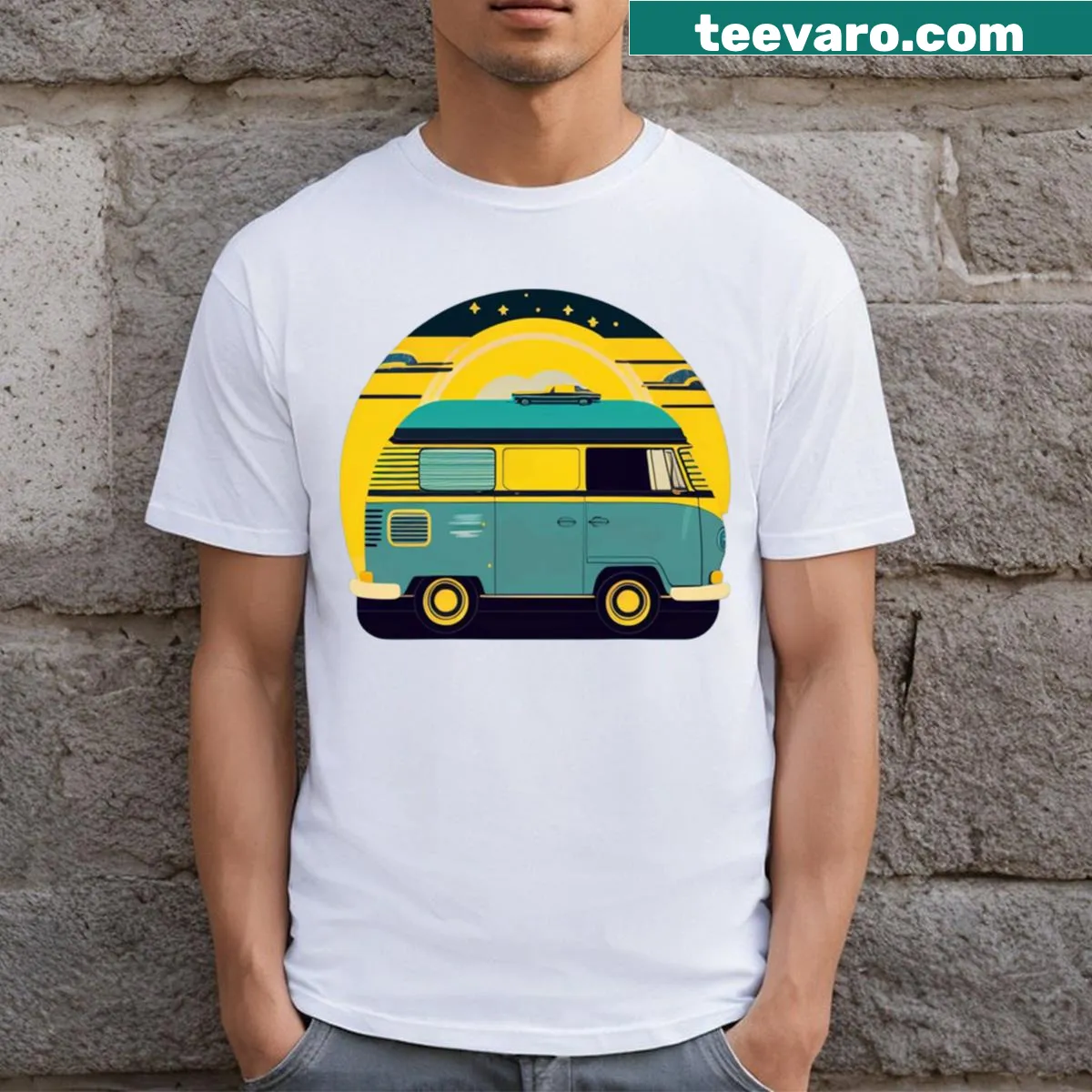 Illustrated minibus driving through a sunset graphic — on a men's t-shirt