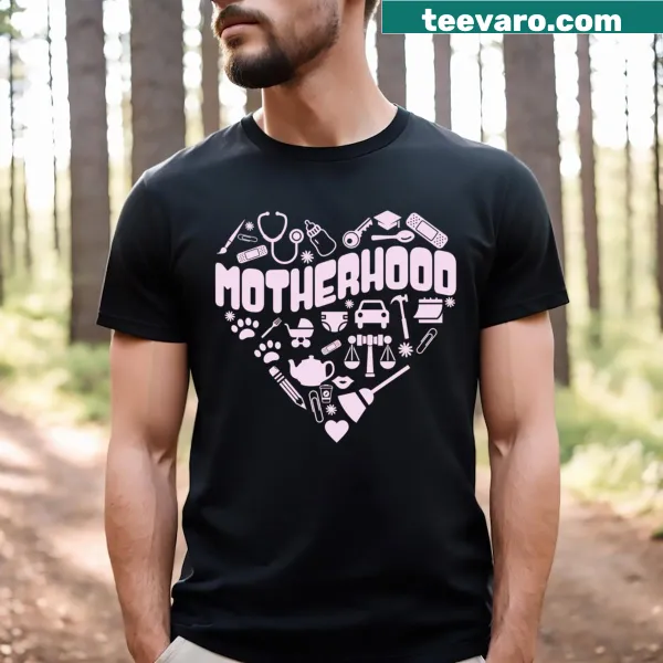 Illustrative t-shirt featuring a heart with symbols of motherhood