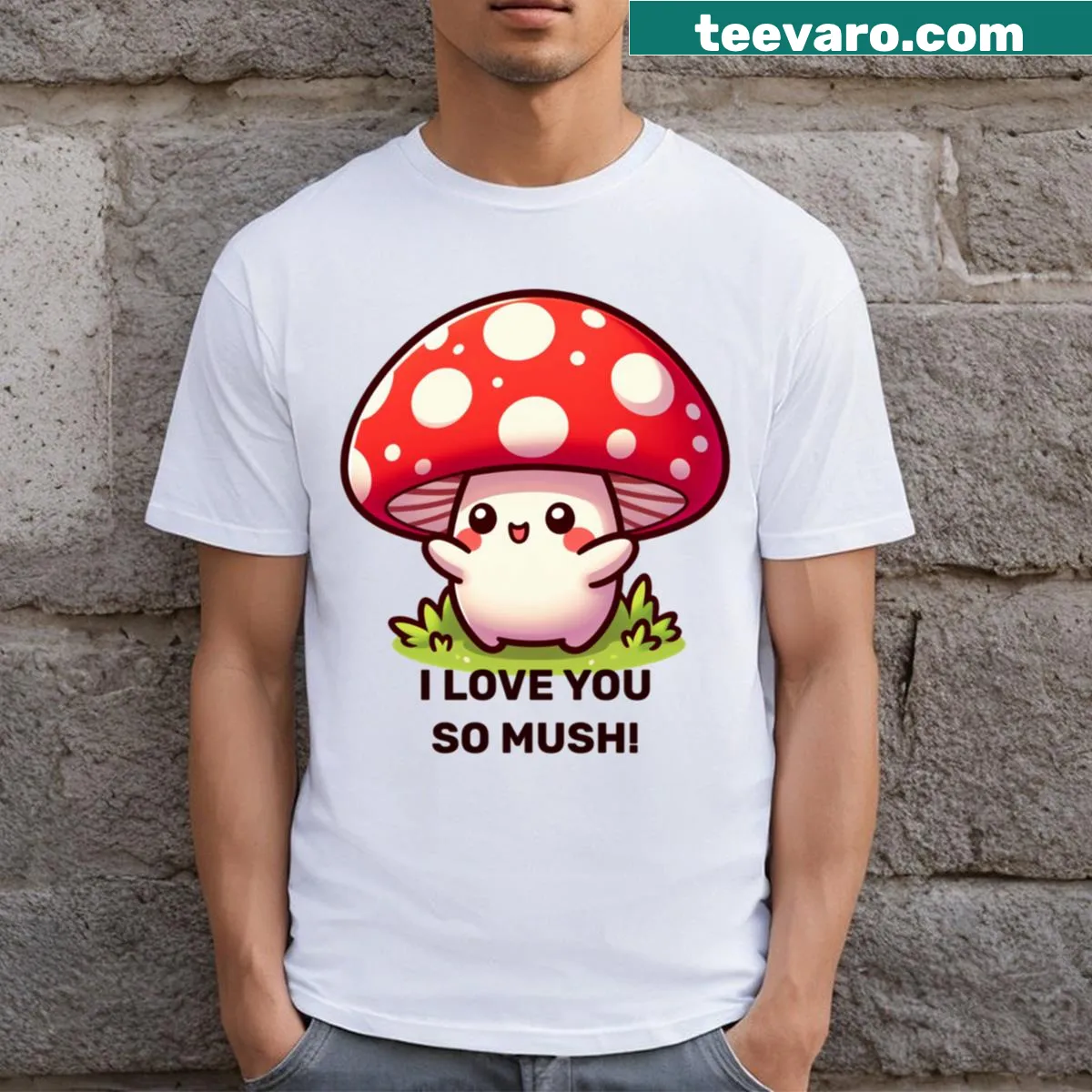 Cute T-shirt with mushroom illustration and love phrase — on a men's t-shirt