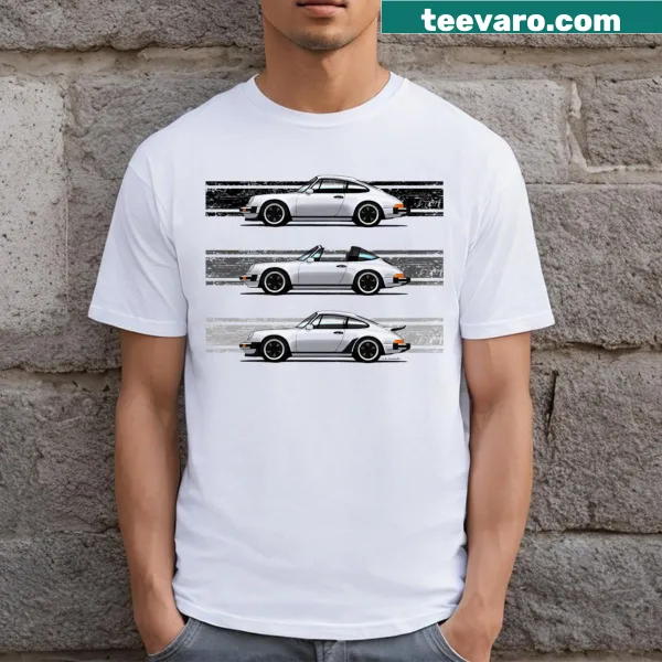 Illustration of iconic German sports cars on a T-shirt