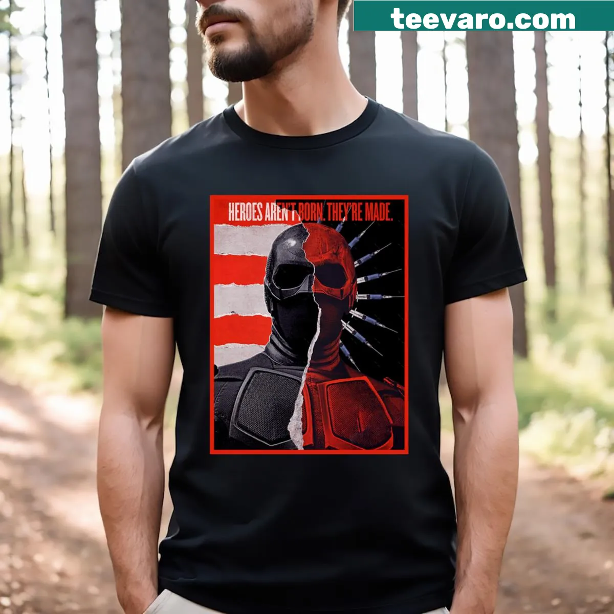 T-shirt with the phrase 'Never Meet Your Heroes' in bold typography — on a men's t-shirt