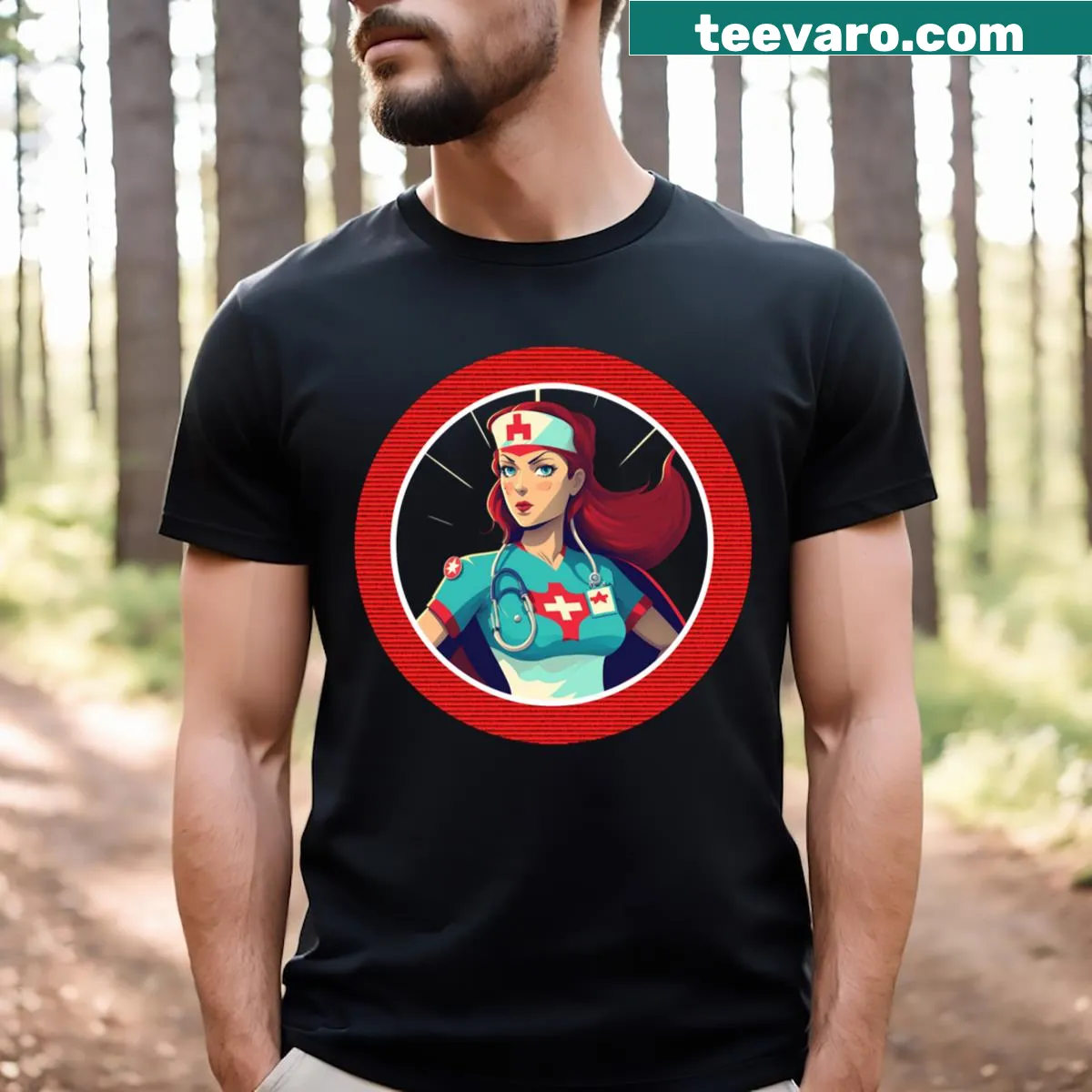 Illustrative t-shirt featuring 'Nurse Superhero!' in a bold design — on a men's t-shirt