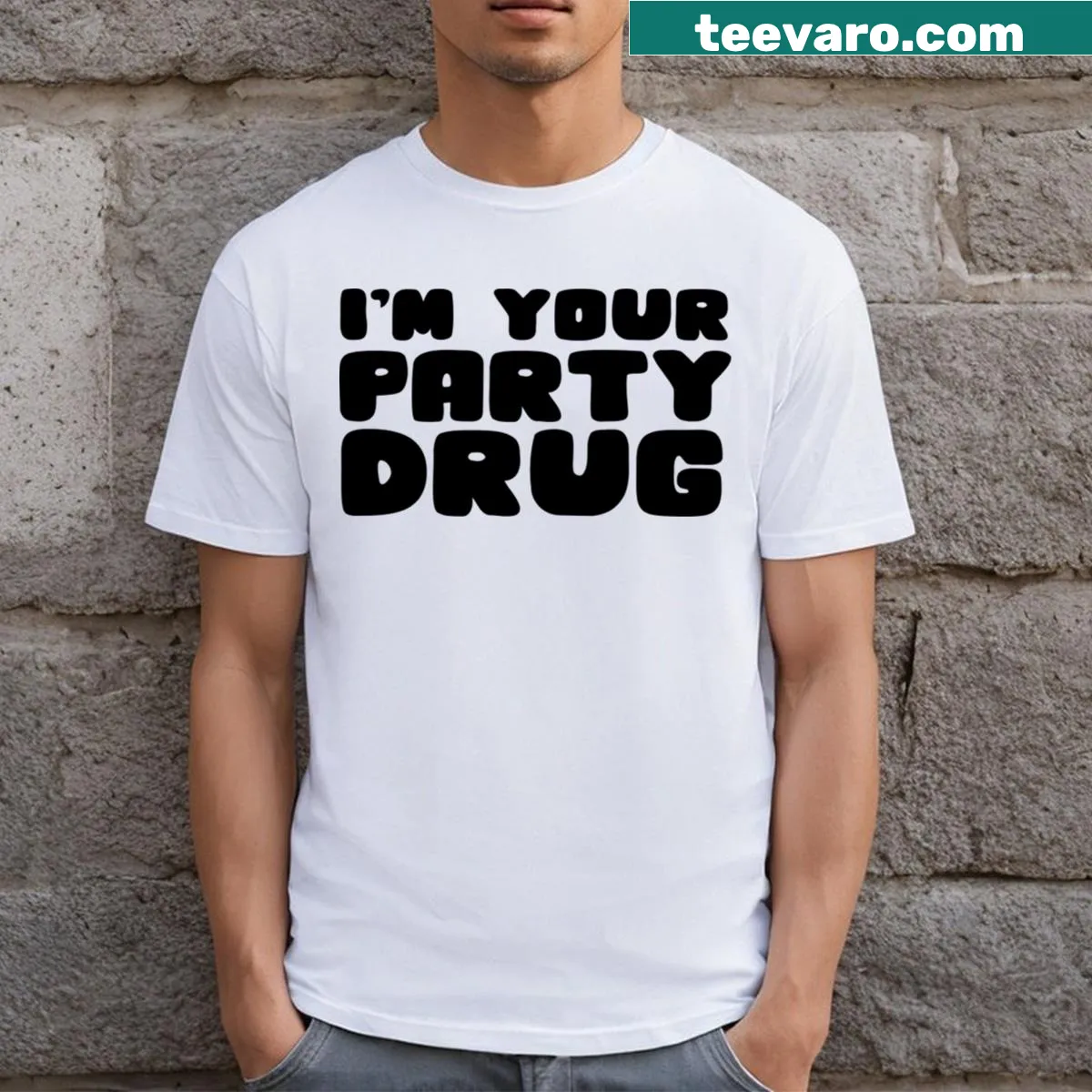 Playful graphic T-shirt with a humorous 'Party Drug' design — on a men's t-shirt