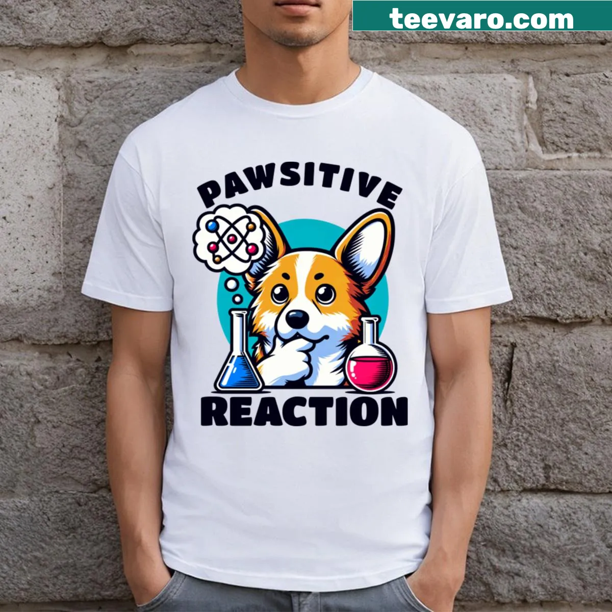 Illustration of dog-themed chemistry design T-shirt for dog lovers — on a men's t-shirt