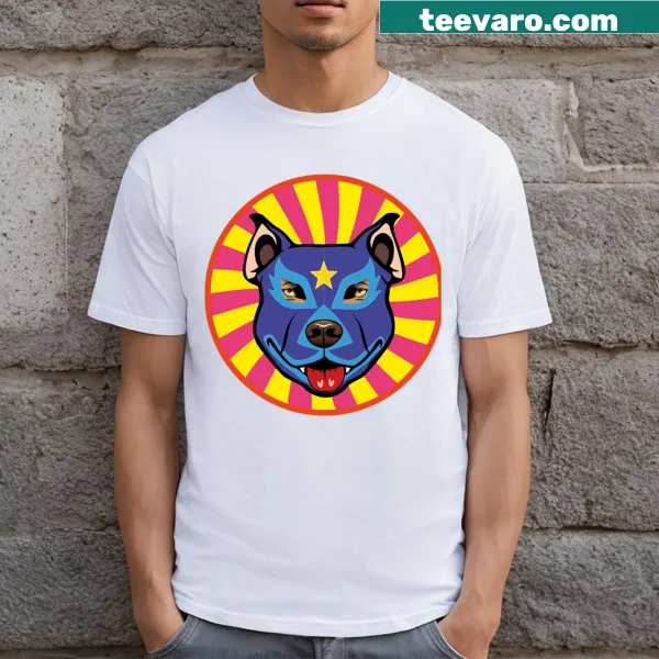 Illustration of a pitbull with a blue mask on a T-shirt