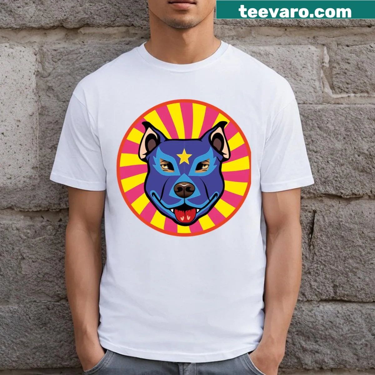 Illustration of a pitbull with a blue mask on a T-shirt — on a men's t-shirt