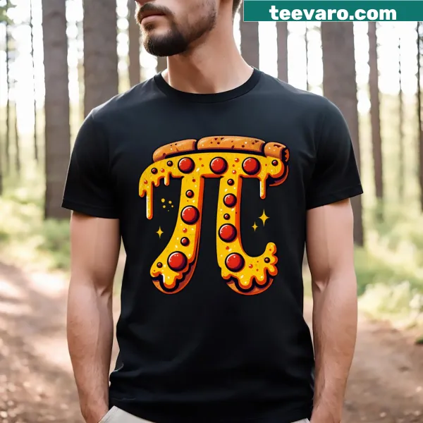 Pizza Pi Day T-shirt featuring humorous pizza and math typography.