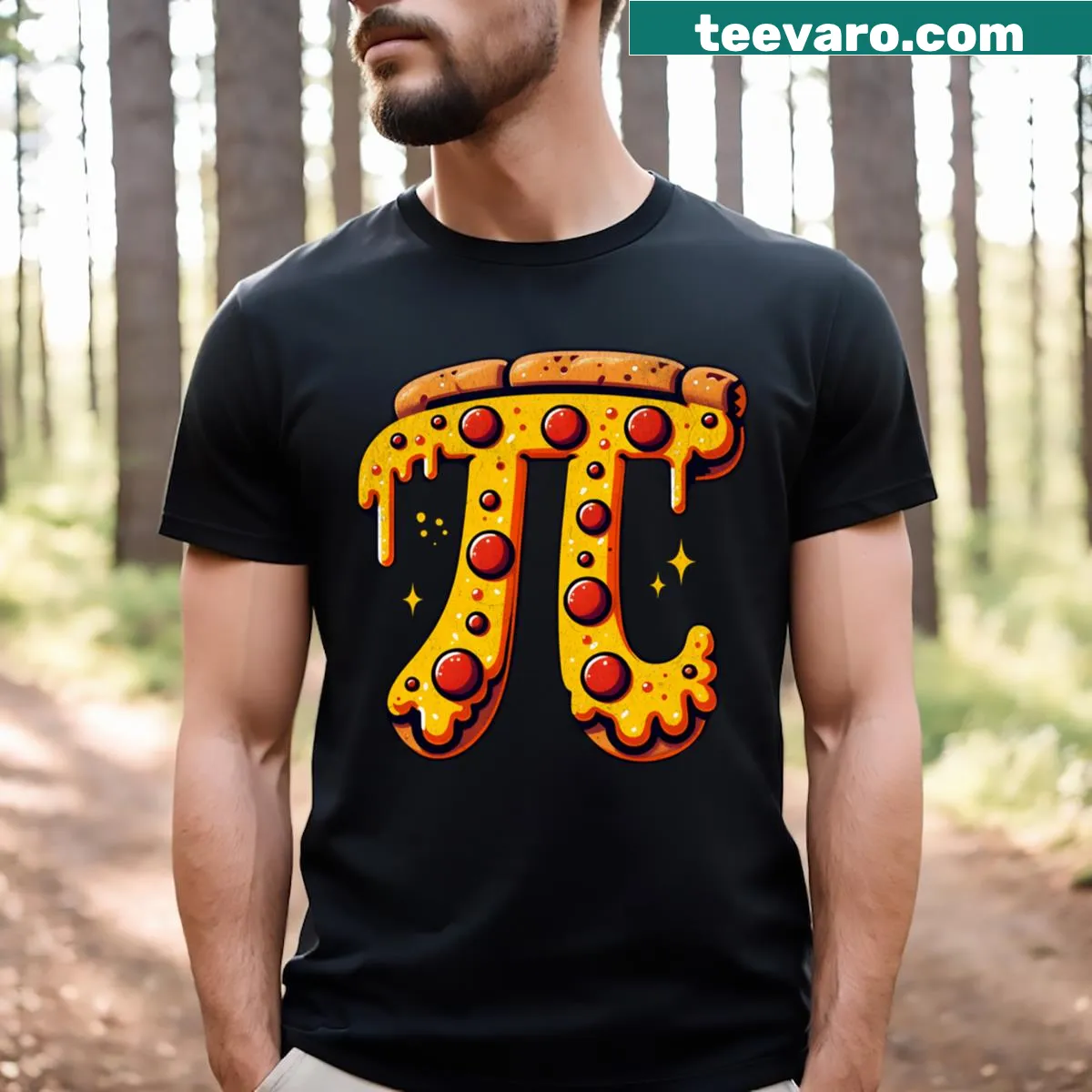 Pizza Pi Day T-shirt featuring humorous pizza and math typography. — on a men's t-shirt