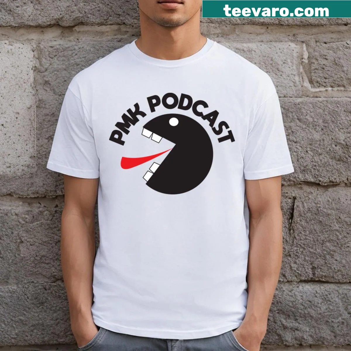 T-shirt featuring PMK Podcast logo in a stylish design. — on a men's t-shirt
