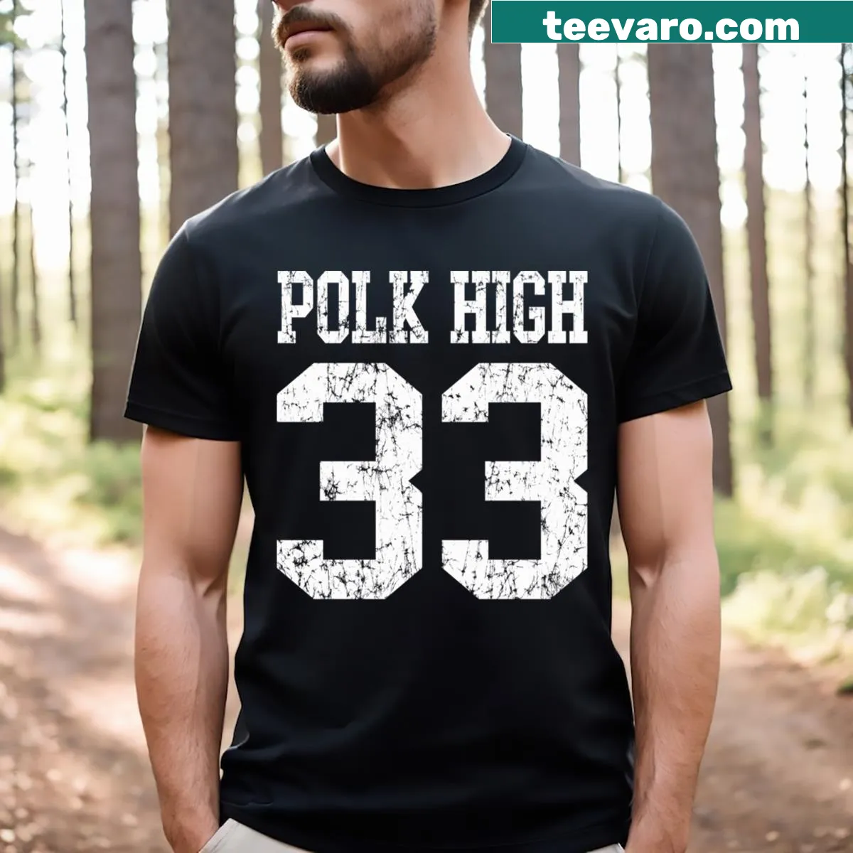 Vintage-inspired Polk High 33 graphic t-shirt — on a men's t-shirt