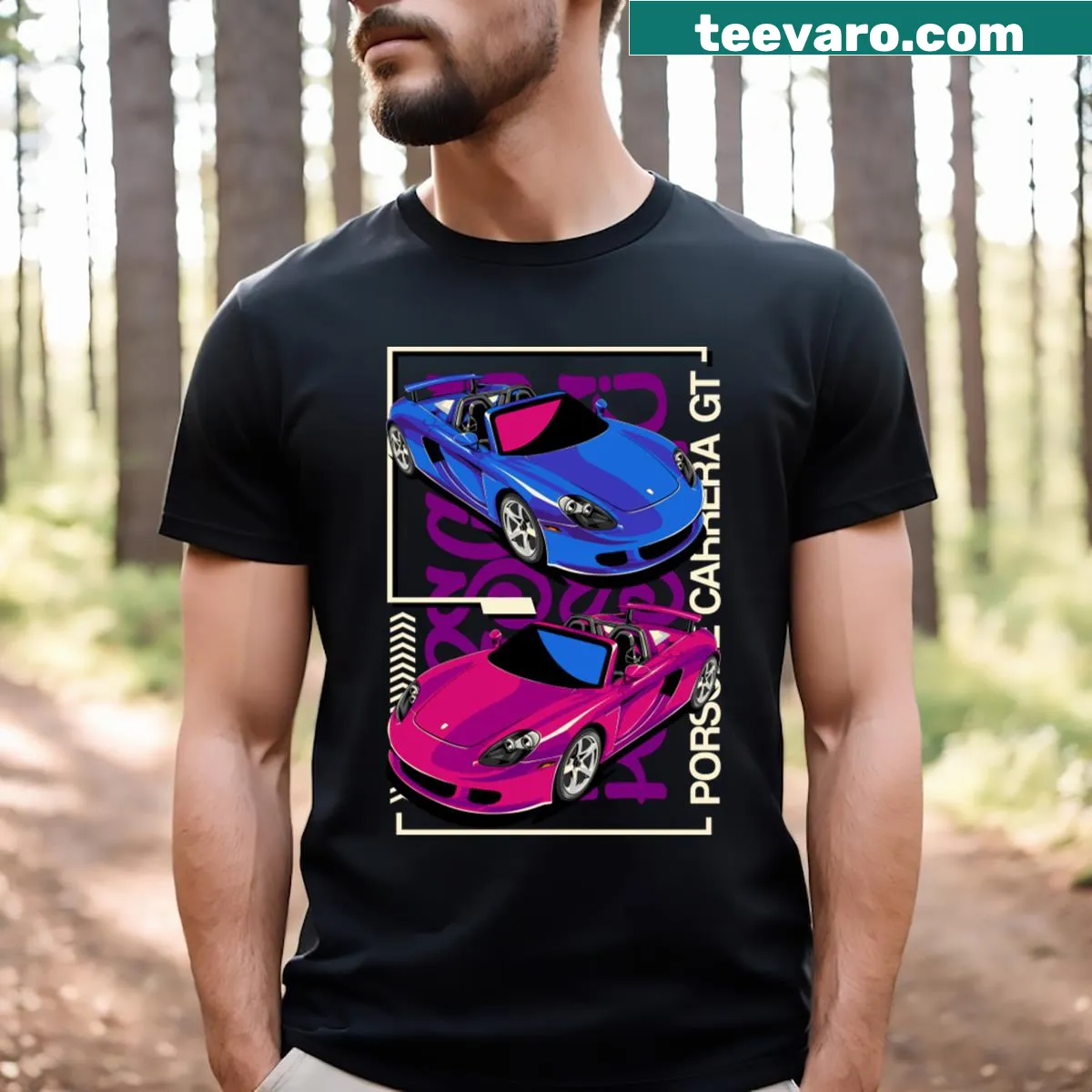 Illustrated Porsche Carrera GT graphic t-shirt — on a men's t-shirt