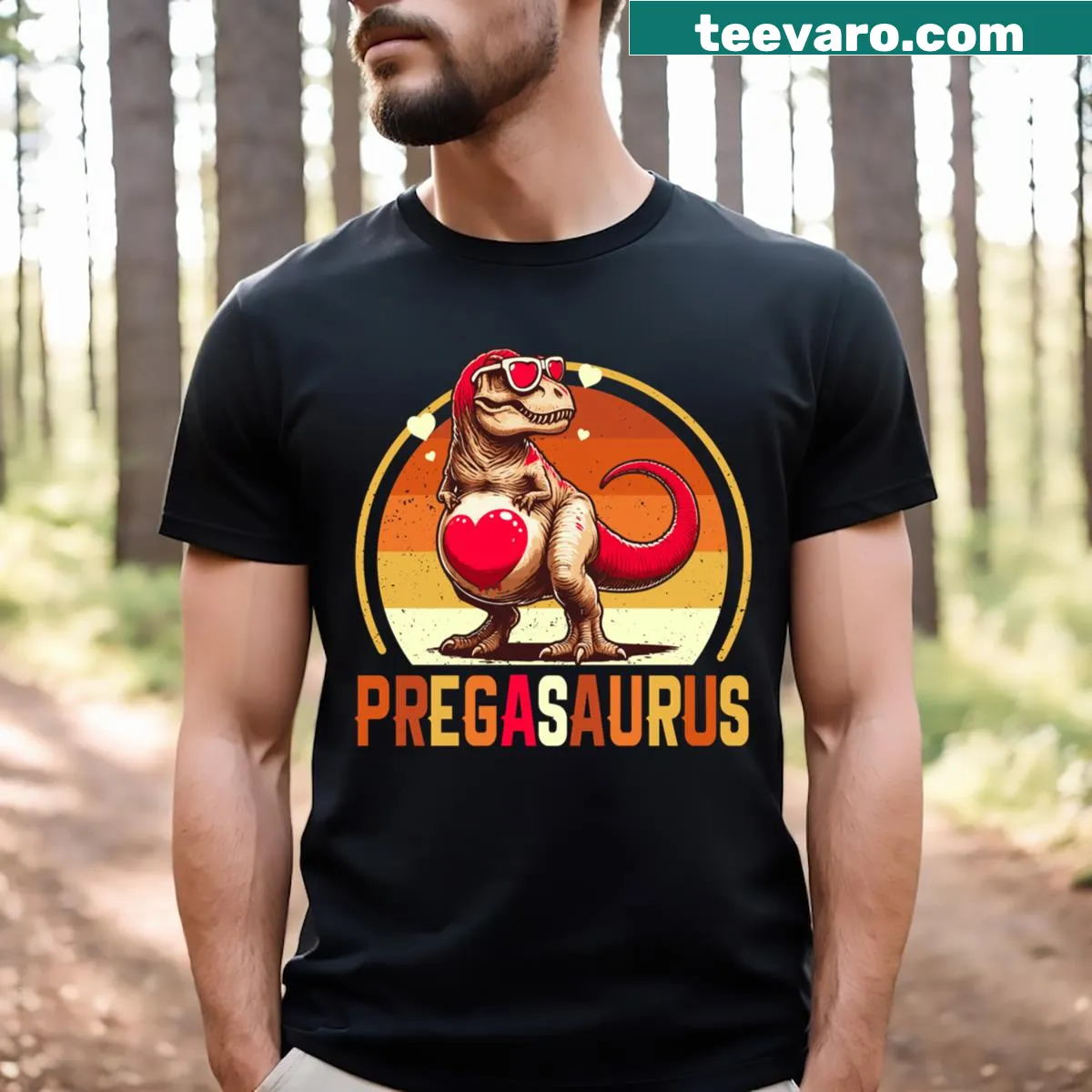 Funny maternity T-shirt with a Pregasaurus dinosaur graphic — on a men's t-shirt