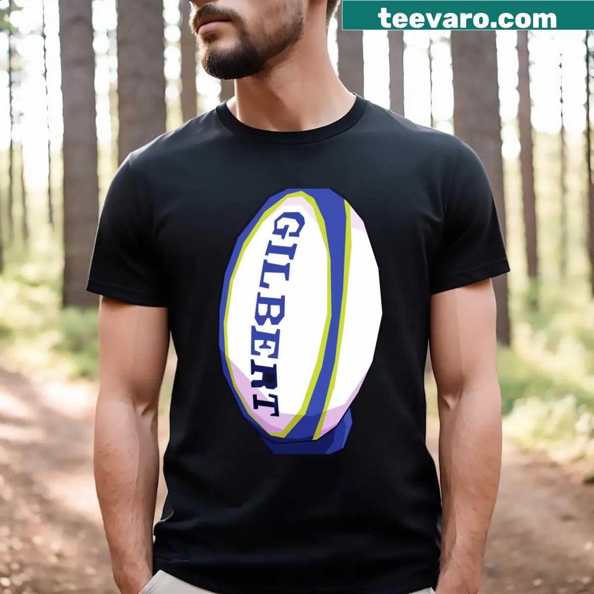 Vibrant pop art rugby ball graphic T-shirt. — on a men's t-shirt