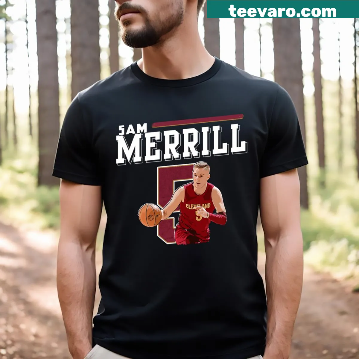 Simple Sam Merrill t-shirt with bold typography — on a men's t-shirt