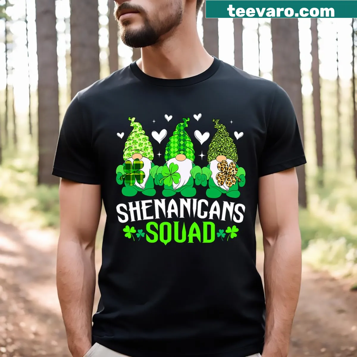 Funny T-shirt with gnome and shamrock design for St. Patrick's Day — on a men's t-shirt