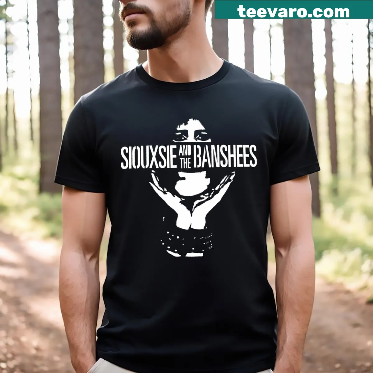 Vintage-style T-shirt featuring Siouxsie and the Banshees logo — on a men's t-shirt