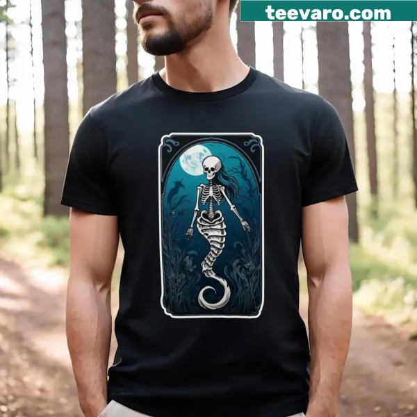 Playful skeleton mermaid t-shirt with an underwater theme
