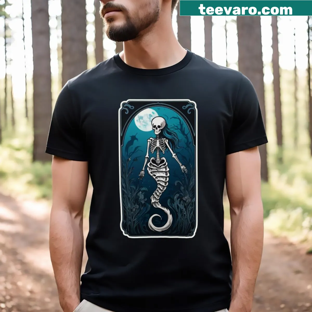 Playful skeleton mermaid t-shirt with an underwater theme — on a men's t-shirt