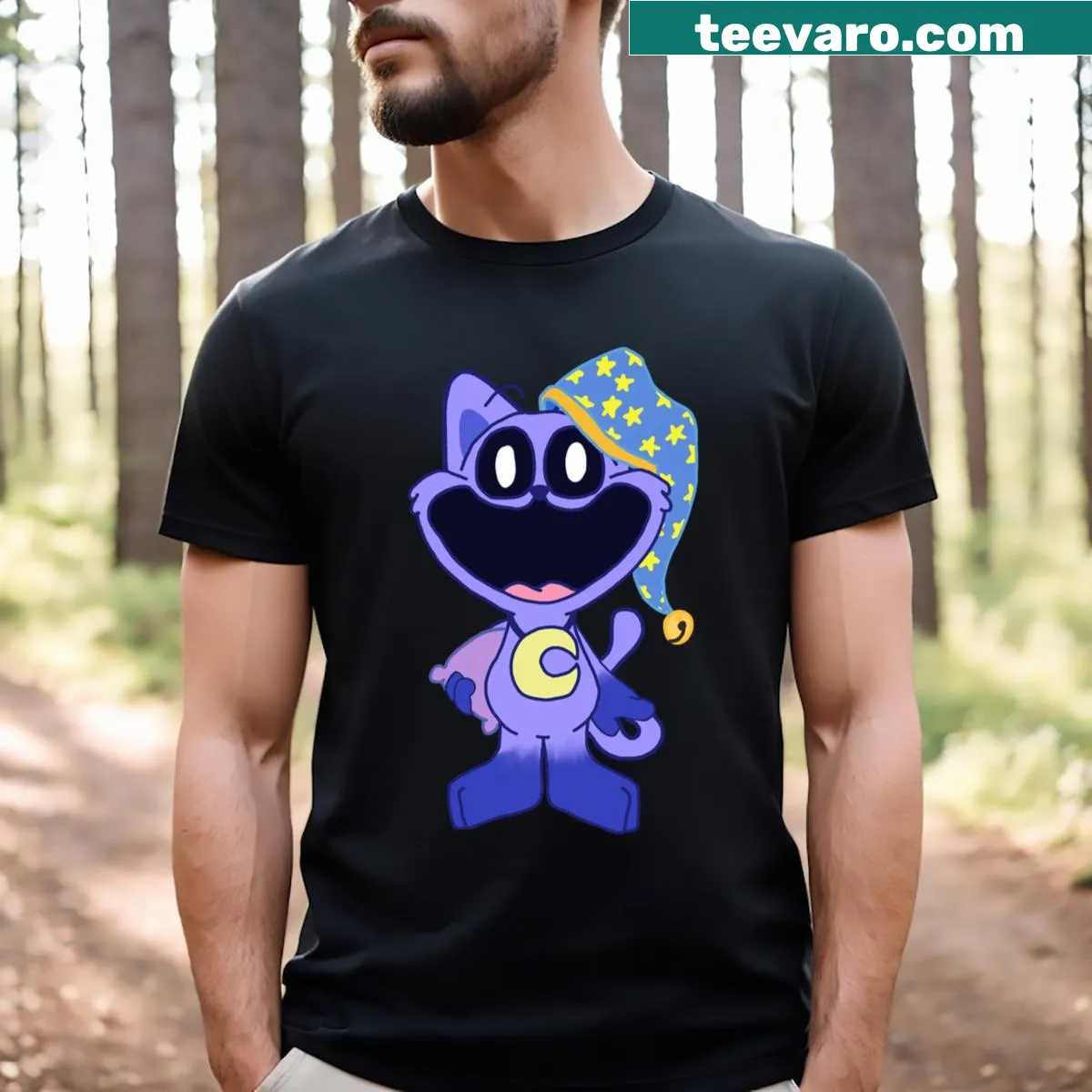 Cartoon design of happy critters napping — on a men's t-shirt