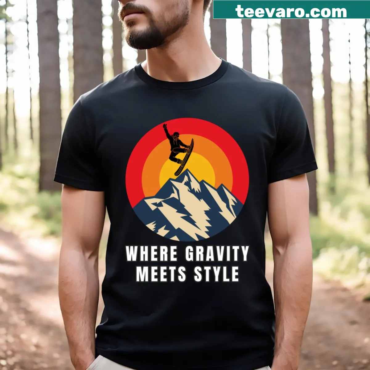 Snowboard-themed T-shirt featuring winter mountains and gravity design — on a men's t-shirt
