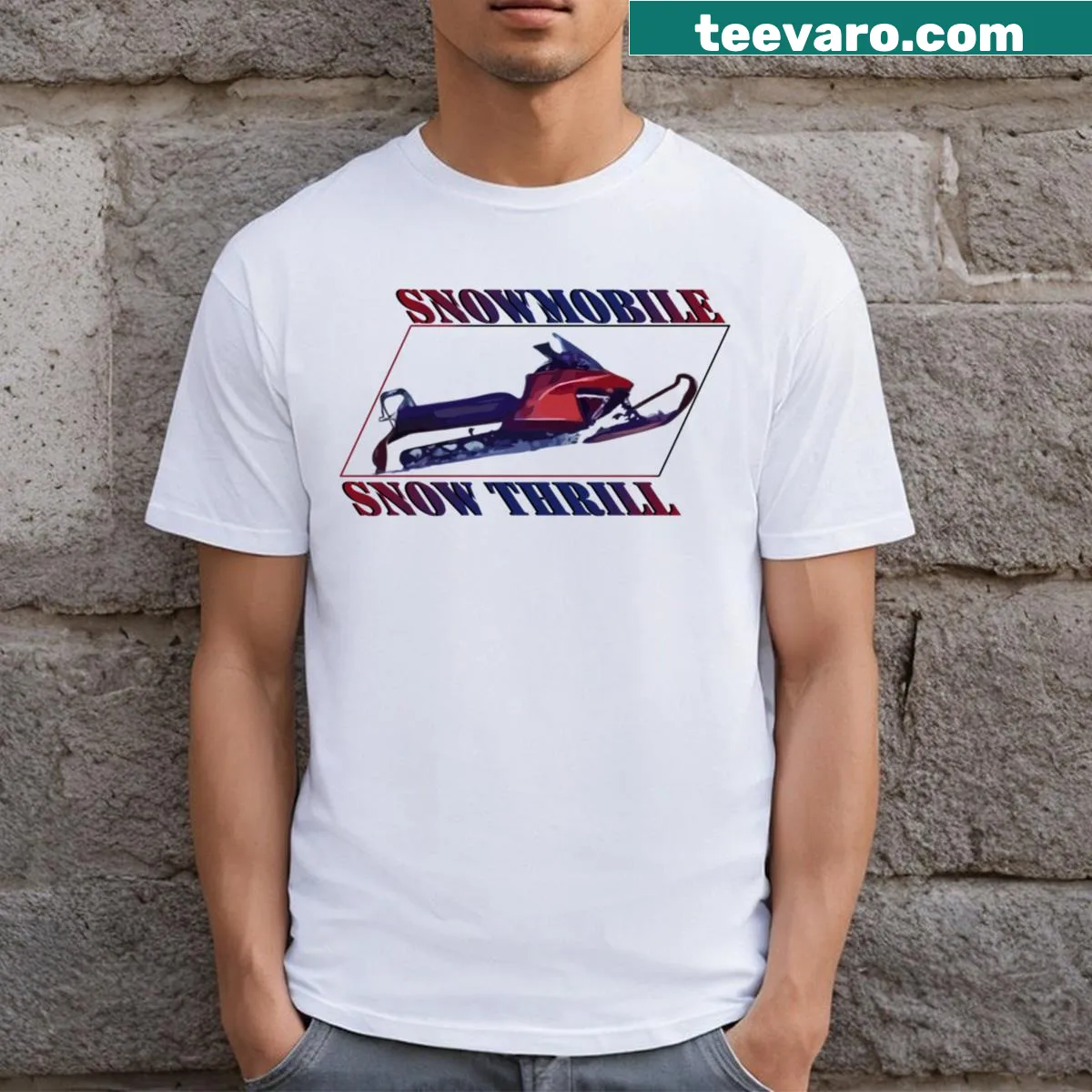 Snowmobile graphic T-shirt showcasing winter thrills and adventure — on a men's t-shirt