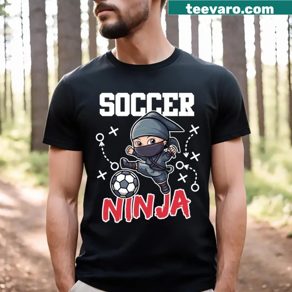 Ninja character kicking a soccer ball graphic on a T-shirt
