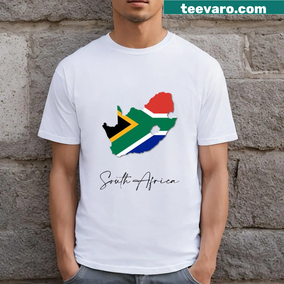 South Africa map and flag graphic T-shirt for travel lovers — on a men's t-shirt