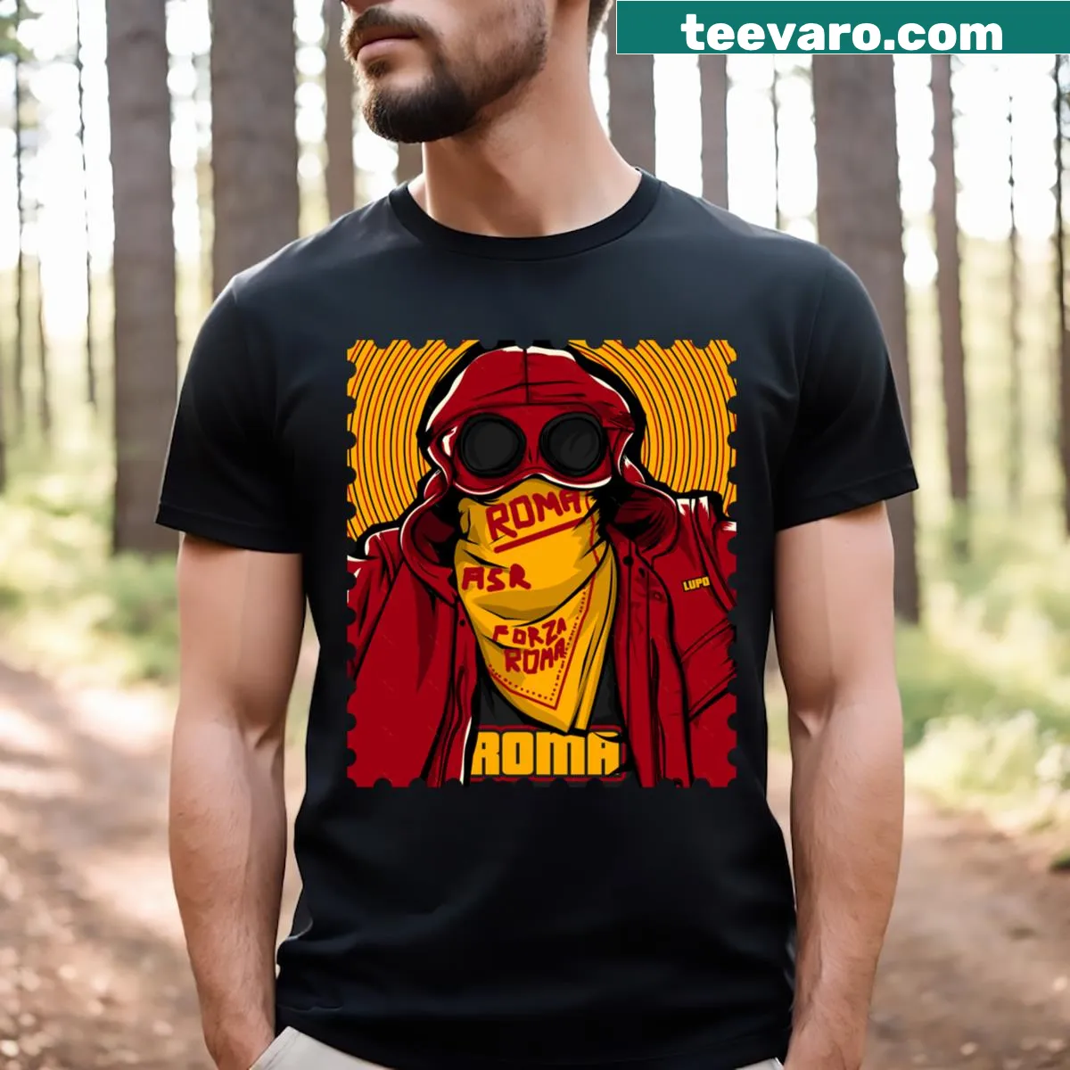 Typographic graphic T-shirt celebrating South Curva Roma — on a men's t-shirt