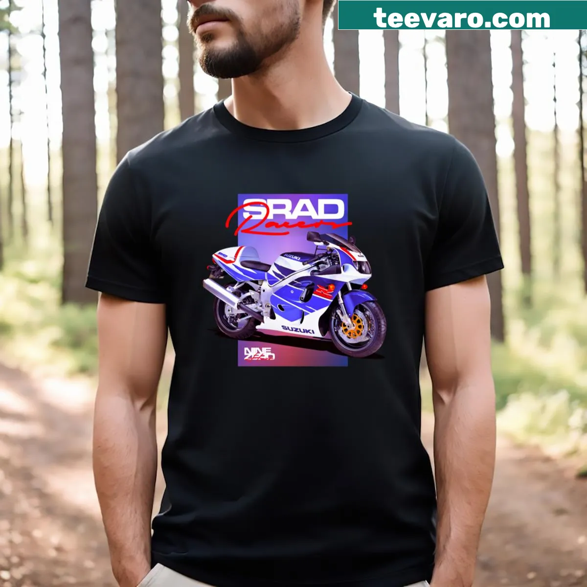 T-shirt featuring an illustration of the Suzuki GSX-R Srad Gixxer motorcycle — on a men's t-shirt
