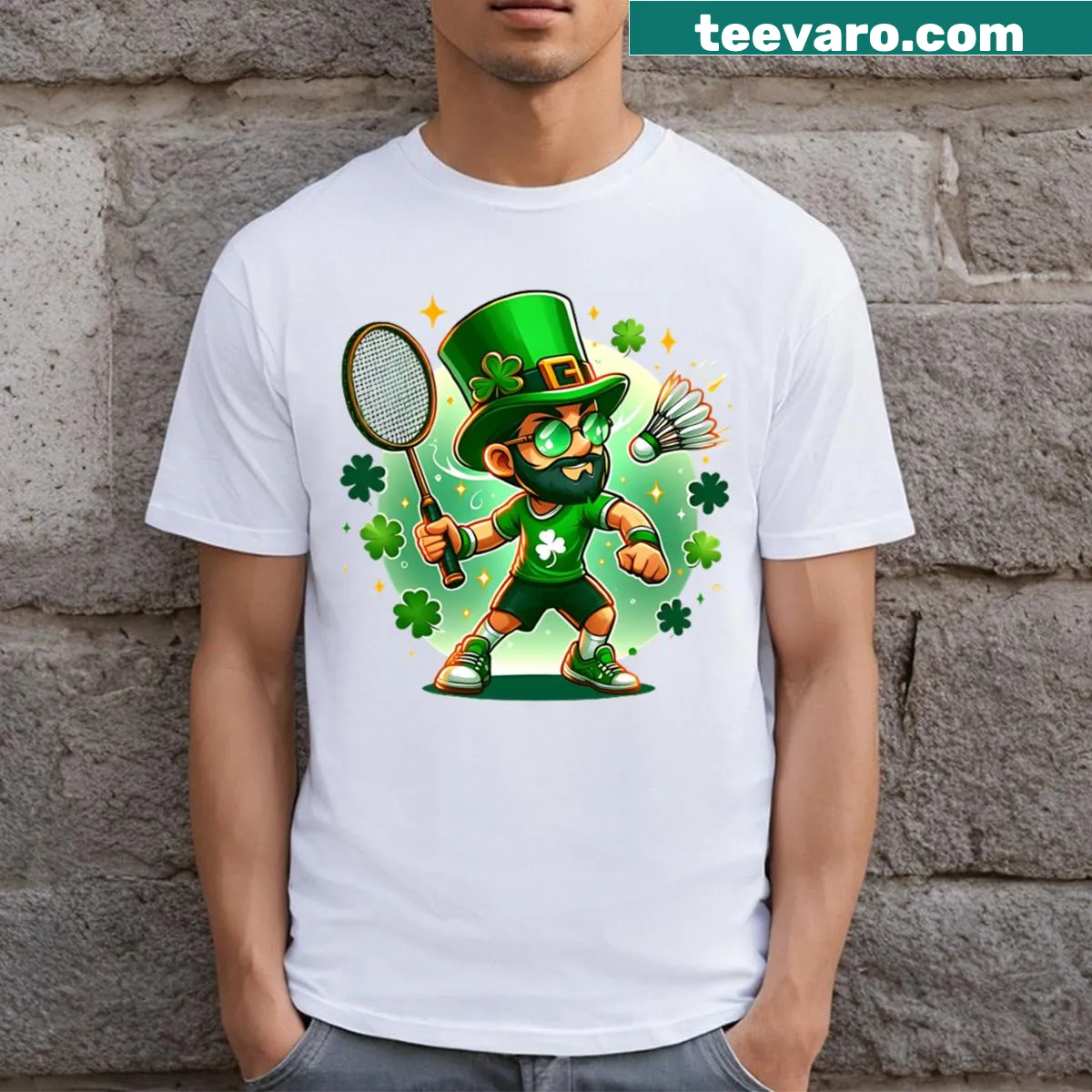 Illustration of a man playing badminton with clovers for St. Patrick's Day — on a men's t-shirt