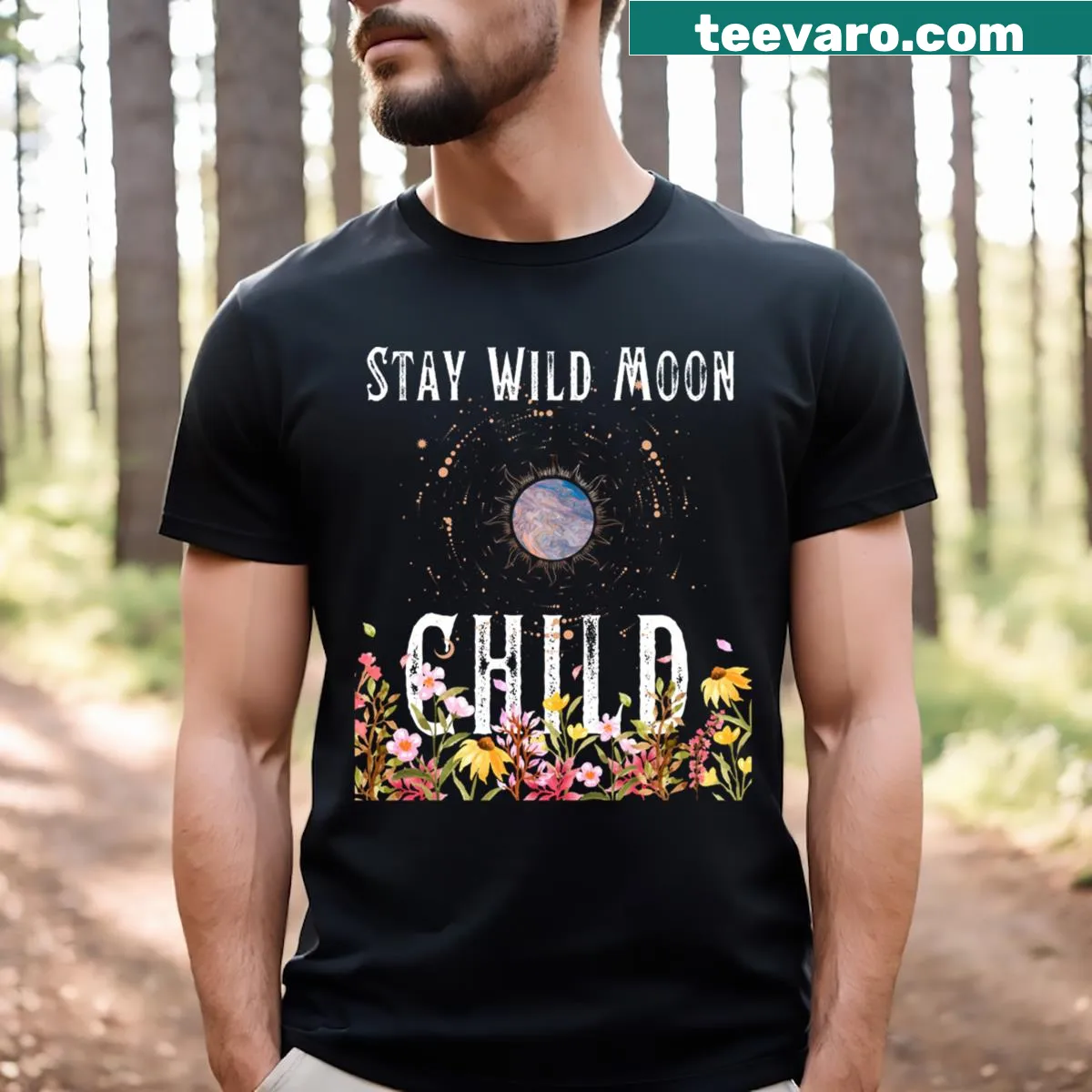 Wholesome shirt with the phrase 'Stay Wild Moon Child' — on a men's t-shirt
