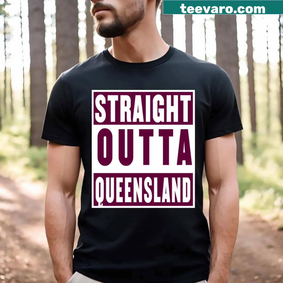 Typographic design saying 'Straight Outta Queensland' — on a men's t-shirt