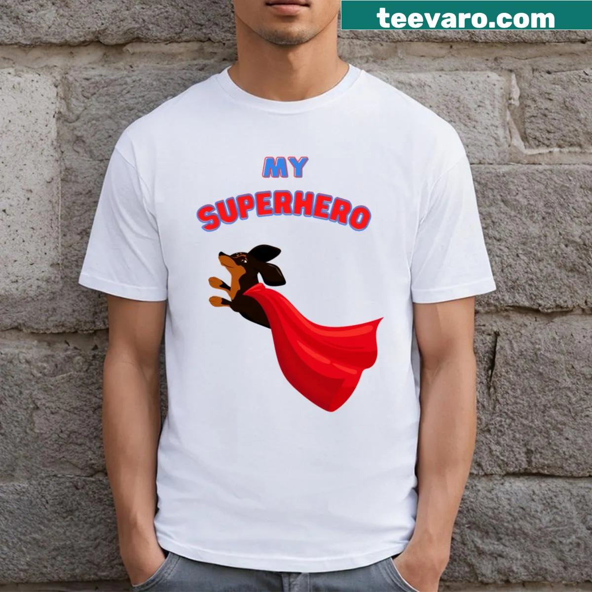Cartoon-style T-shirt featuring a superhero dachshund — on a men's t-shirt