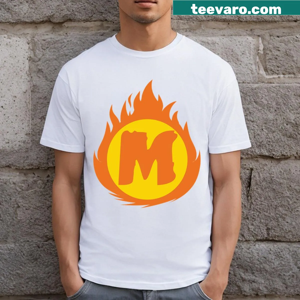 Fire insignia with letter M on a superhero t-shirt — on a men's t-shirt