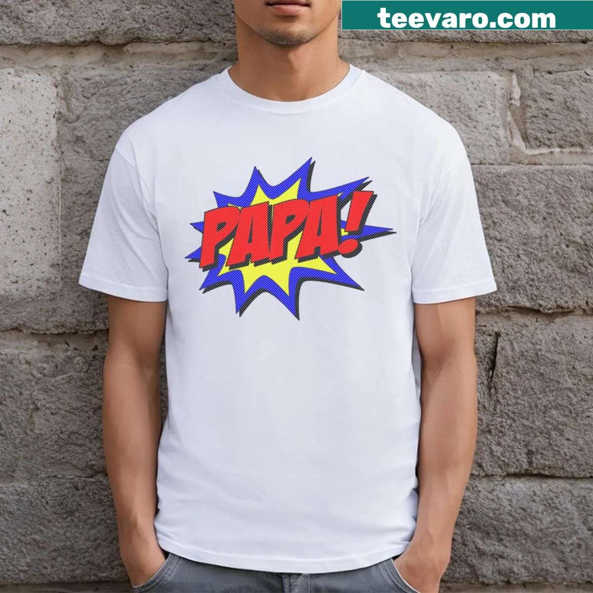 T-shirt featuring 'Superhero Papa' in a fun, stylized font — on a men's t-shirt