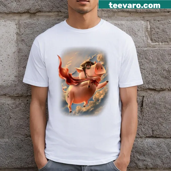 Cartoon superhero pig flying in the sky t-shirt