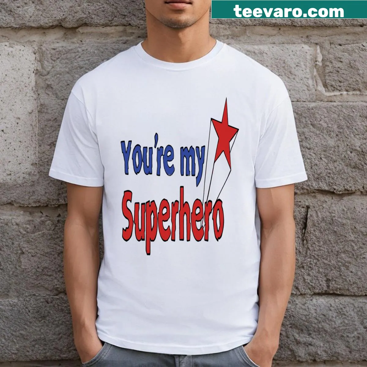 Pop art superhero T-shirt with dynamic action elements — on a men's t-shirt