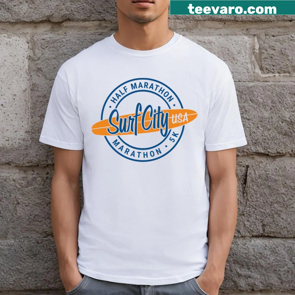 T-shirt celebrating Surf City USA with marathon theme — on a men's t-shirt
