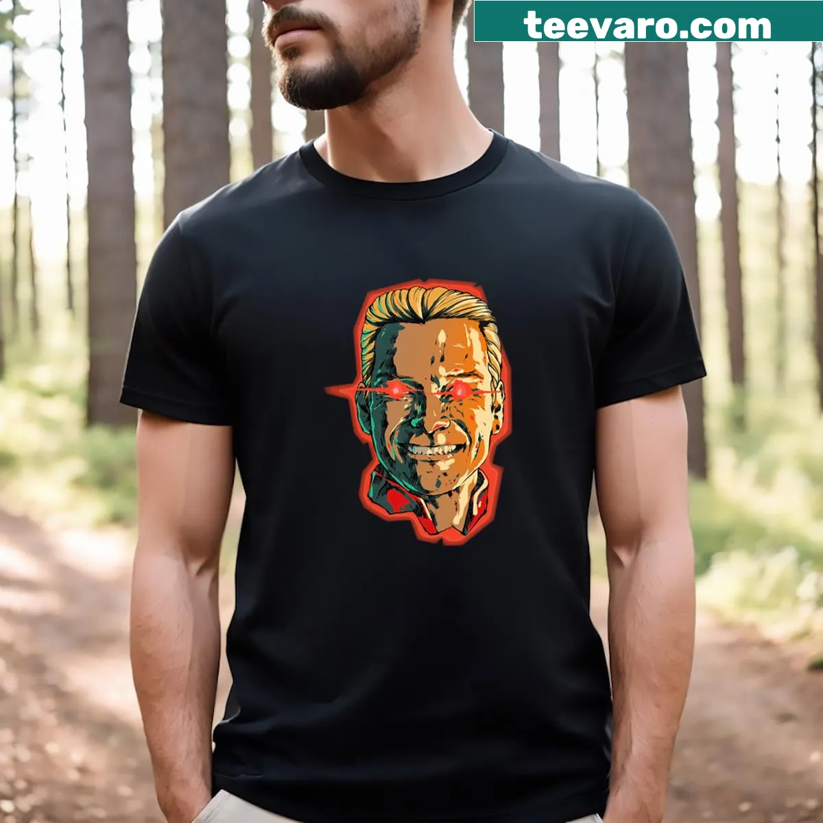 Illustrative Homelander design on essential t-shirt for fans — on a men's t-shirt