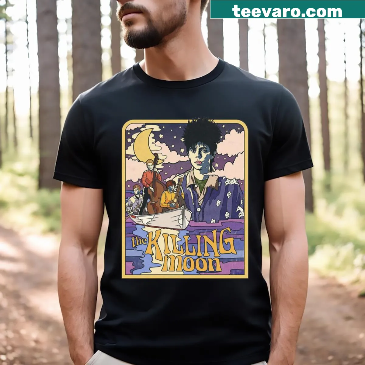 Retro t-shirt inspired by The Killing Moon song with nostalgic design — on a men's t-shirt
