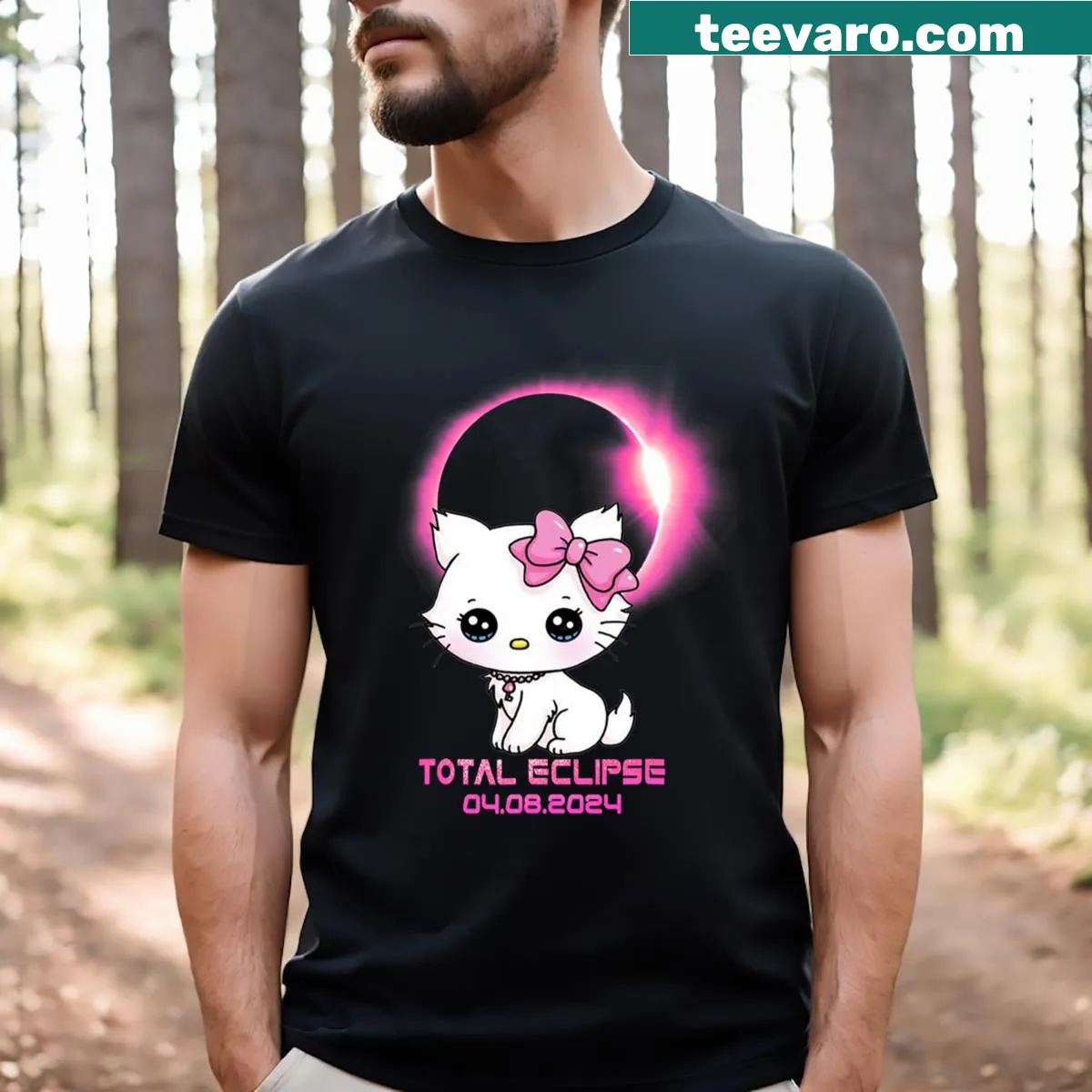 Funny cat boy girl solar eclipse graphic T-shirt — on a men's t-shirt