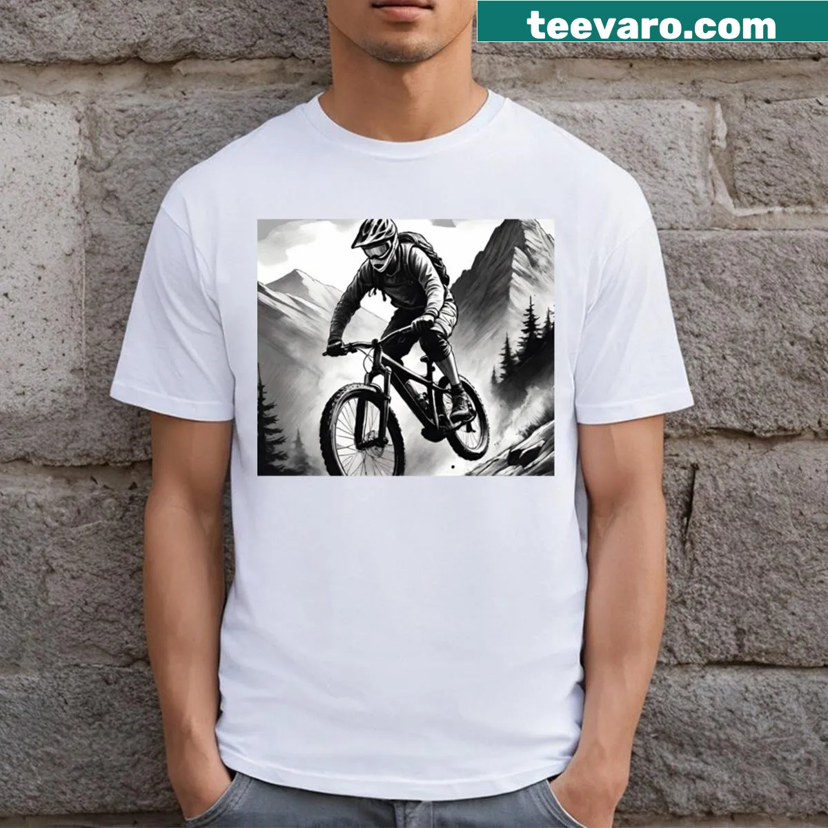 Illustration of a mountain biker shredding trails on a T-shirt — on a men's t-shirt