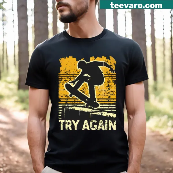 T-shirt featuring a skateboarder with the phrase 'Try Again.'